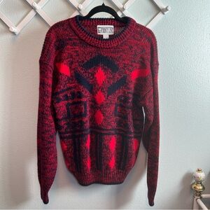Vtg 80s Frontline Knit Crewneck Sweater Abstract Retro Grandpa Mens Medium Red